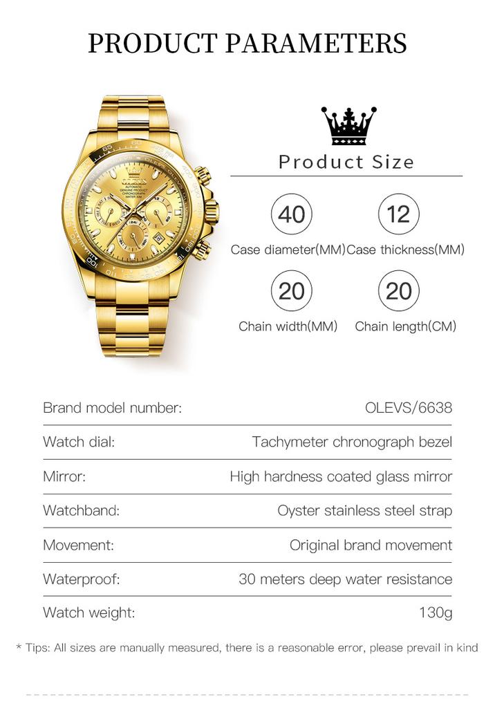 OLEVS 6638 Montre Automatique de Luxe pour Homme Étanche Chronographe Lumineux Calendrier Montre-Bracelet Mécanique Dorée Originale
