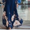 2026 Long Mesh Splicing French Slim Dress Versatile Printed Long Dress Blue Comfortable and Casual