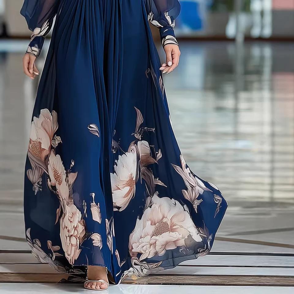 2026 Long Mesh Splicing French Slim Dress Versatile Printed Long Dress Blue Comfortable and Casual