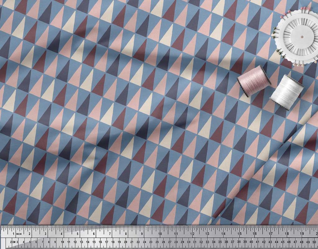 Soimoi Blue Japan Crepe Satin Fabric Triangle Geometric Print Sewing Fabric Metre 42 Inch
