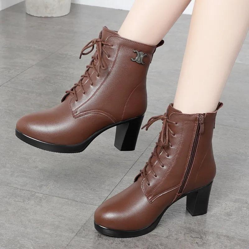 Women Genuine Leather Ankle Boots 2025 Autumn Winter Thick Wool Comfortable Thick High Heels Women Snow Boots Platform Shoes