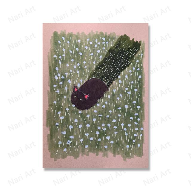 Vintage Abstract Black Cat Poster Four Seasons Flower Food Cat Print Wall Picture Fun Bathroom