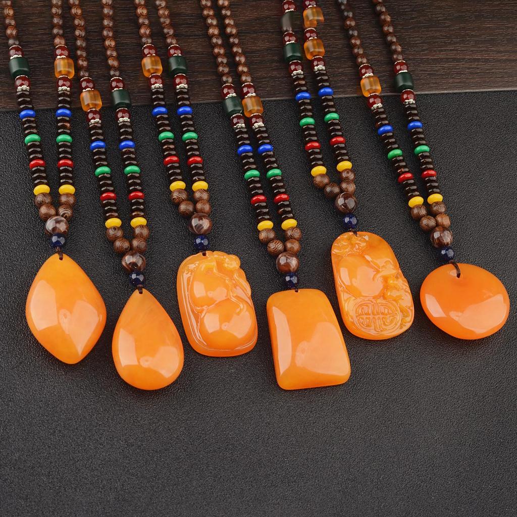 Ethnic Wooden Bodhi Bead Sweater Chain Necklace with Lotus Pendant