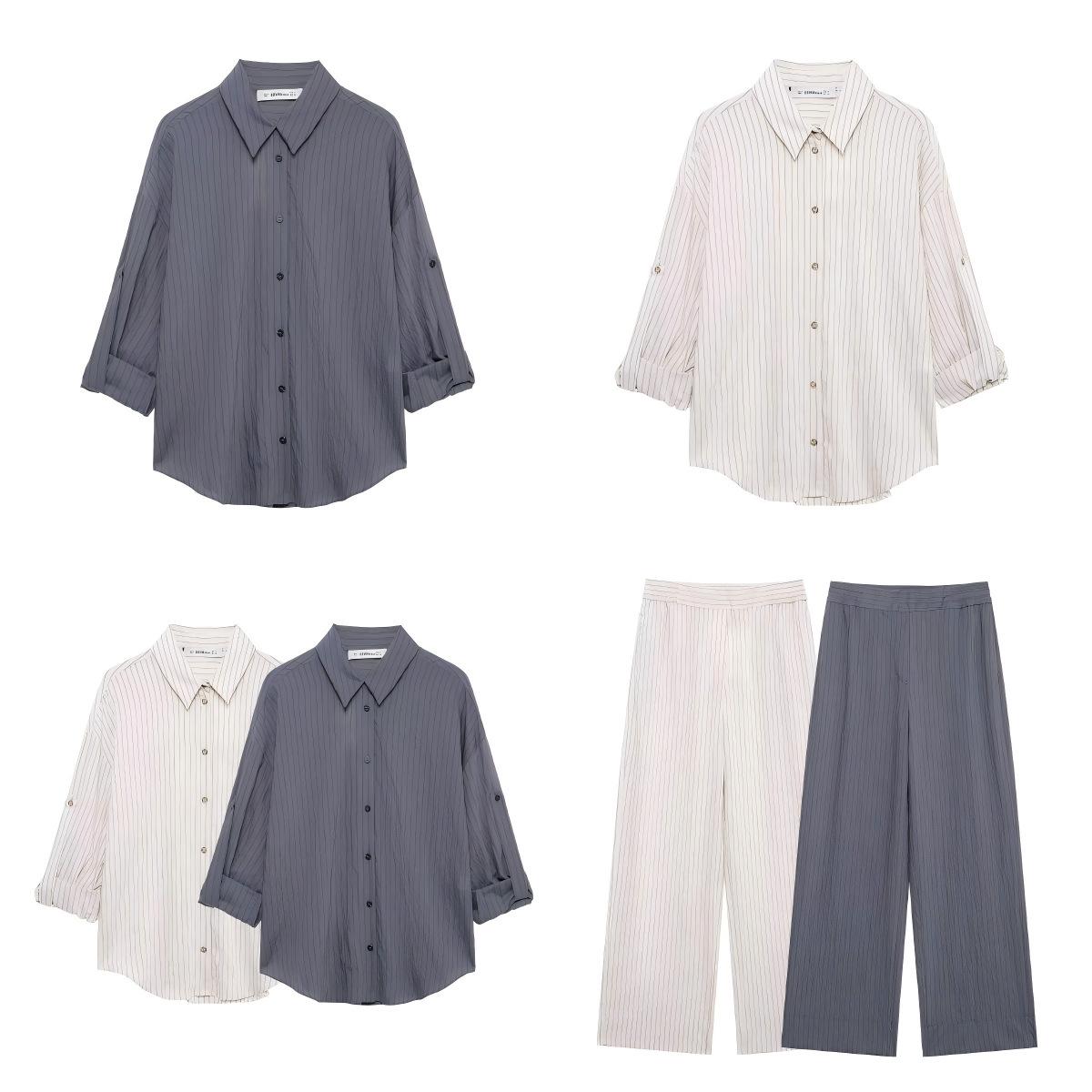 

2025 Spring Women s Striped Shirt & Adjustable Sleeve Pants Set M