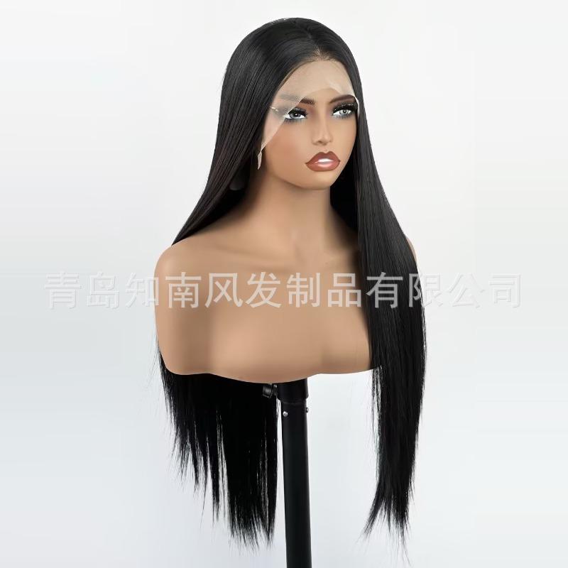 Schwarzes Haarteil Handgehäkelt Stirnspitze 13X4 Hochtemperaturseide Langes Gerades Haar Latisha Vollhaarabdeckung Damen