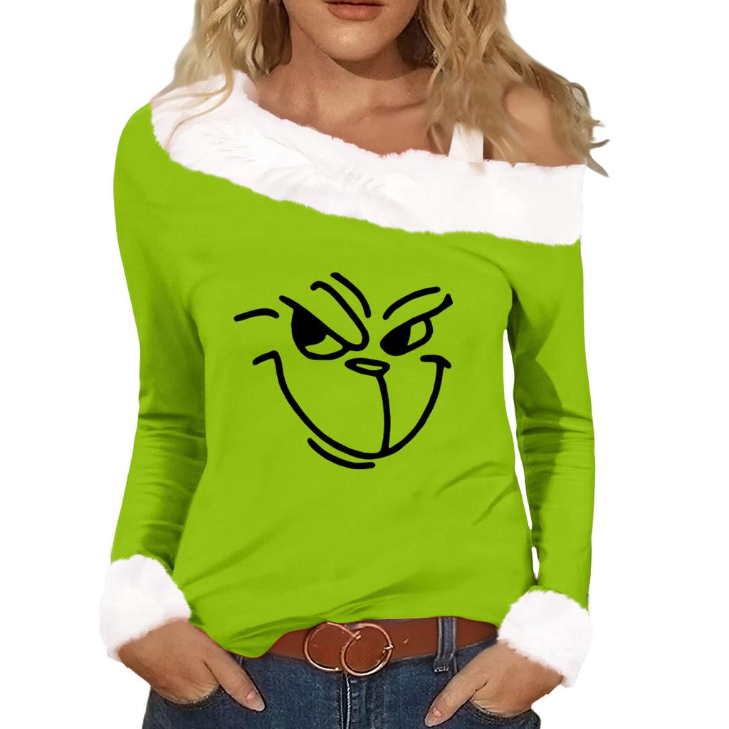Women's Casual Fashion Sexy Off-Shoulder Collar Christmas Pattern Long Sleeve Crewneck T-Shirt Top