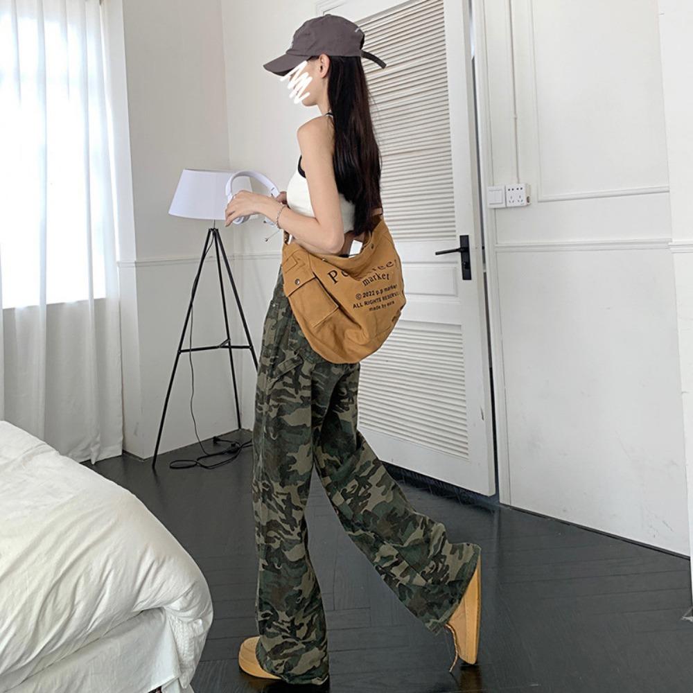 Autumn and Winter 2025 Tooling Straight Casual Loose and Thin High Waist Retro Camouflage Wide Leg Jeans Women's Trend