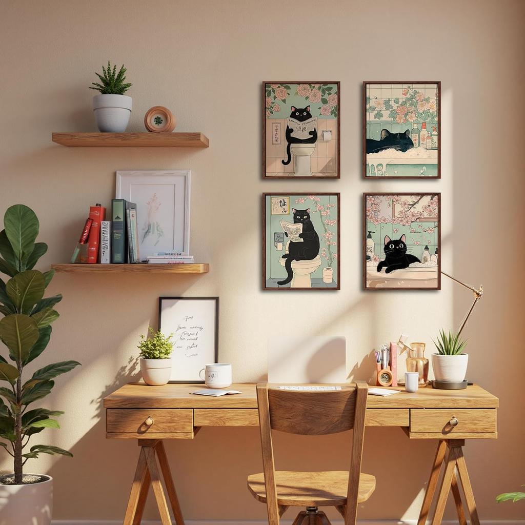 DOFQZ Funny Black Cat Bathroom Wall Art Prints Set of 4, Cat Bathroom Decor, Retro Japanese Black Kitten Floral Aesthetic Posters for Bath Room