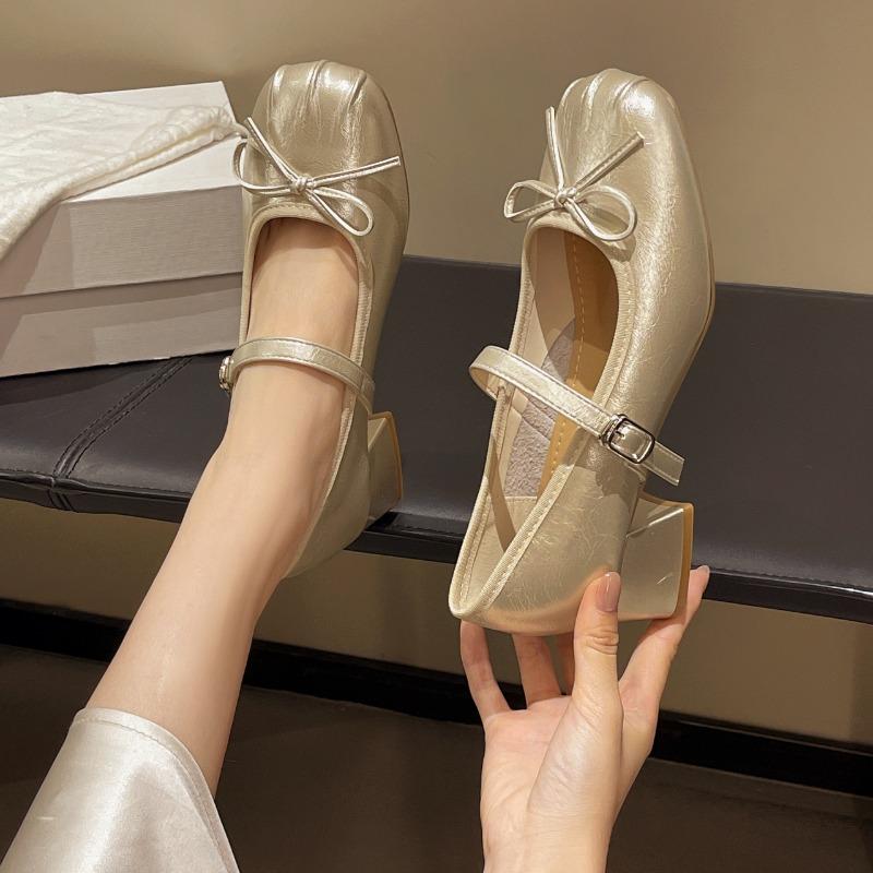 2025 New Butterfly-knot Mid Heel Mary Janes Square Heel Shallow Ladies Shoes On Sale Fashion Spring Autumn Solid Dress Pumps