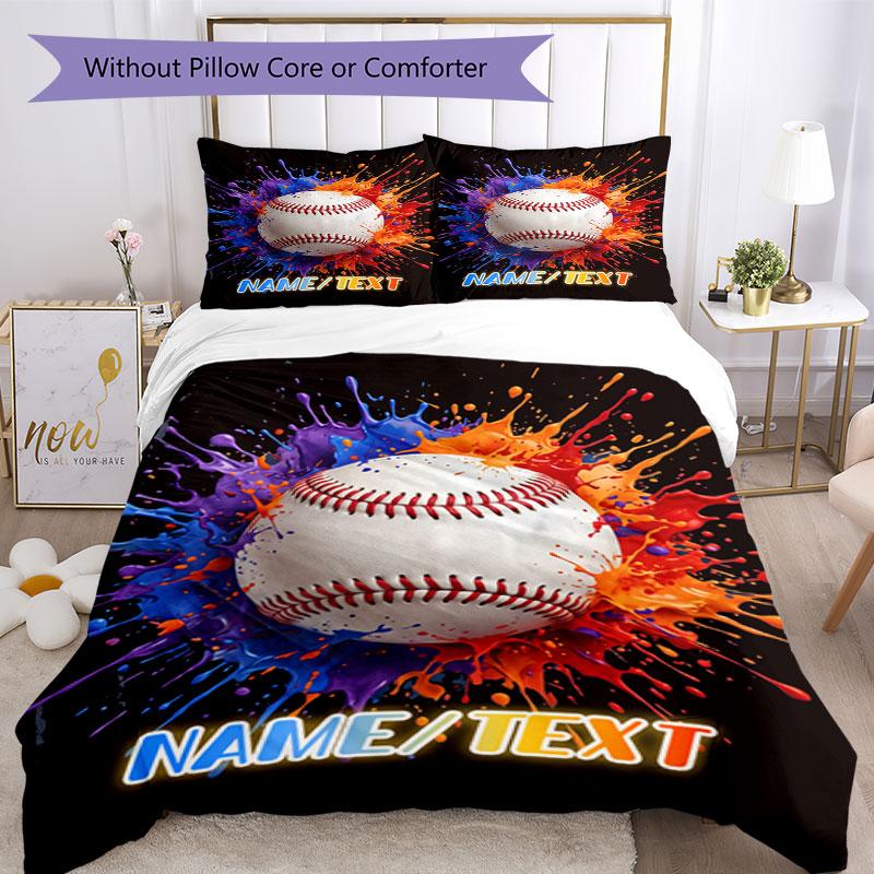 3PC Custom Name Baseball Splash Artwork Bedding Set Printed Bedding Set Duvet Cover Closure Includes 1 Duvet Cover & 70 Pillowcases for Bedroom