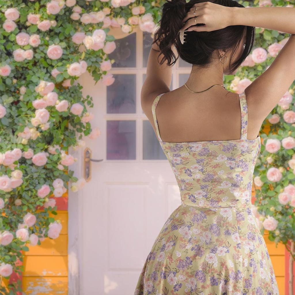 Floral Corset Dress Cottage Core Dress Women Corset Midi Dress Flowy Slit Spaghetti Straps Floral Corset Dress