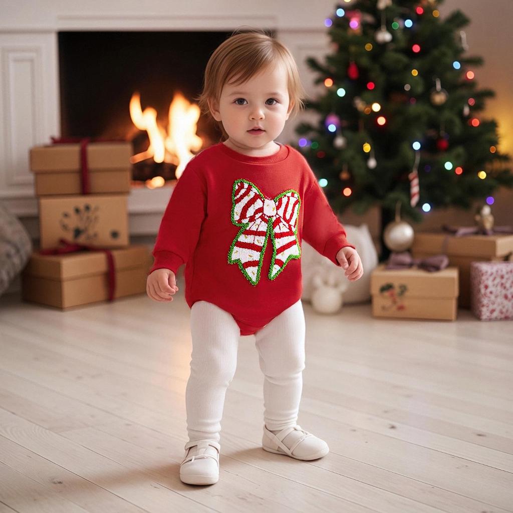 Christmas Baby Girl Red Romper - Cartoon Bow & Embroidery, Long Sleeve.