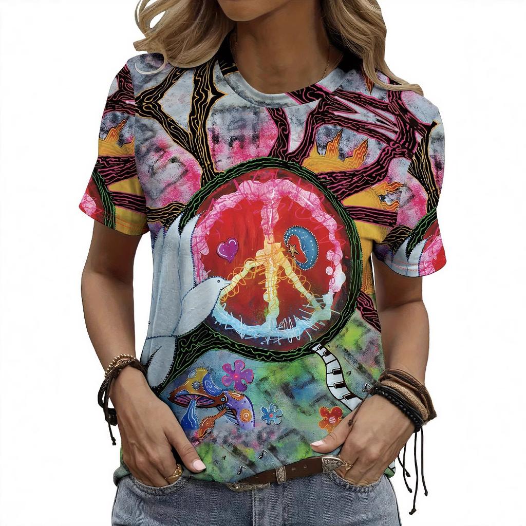 Summer Round Neck Abstract Creative Patterns 3D Print Top Fashionable Casual Short Sleeved Women's T-shirts