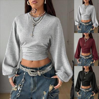 Women Long Sleeve Crop Top High Neck Ruched Front Casual Solid Color Streetwear Pullover