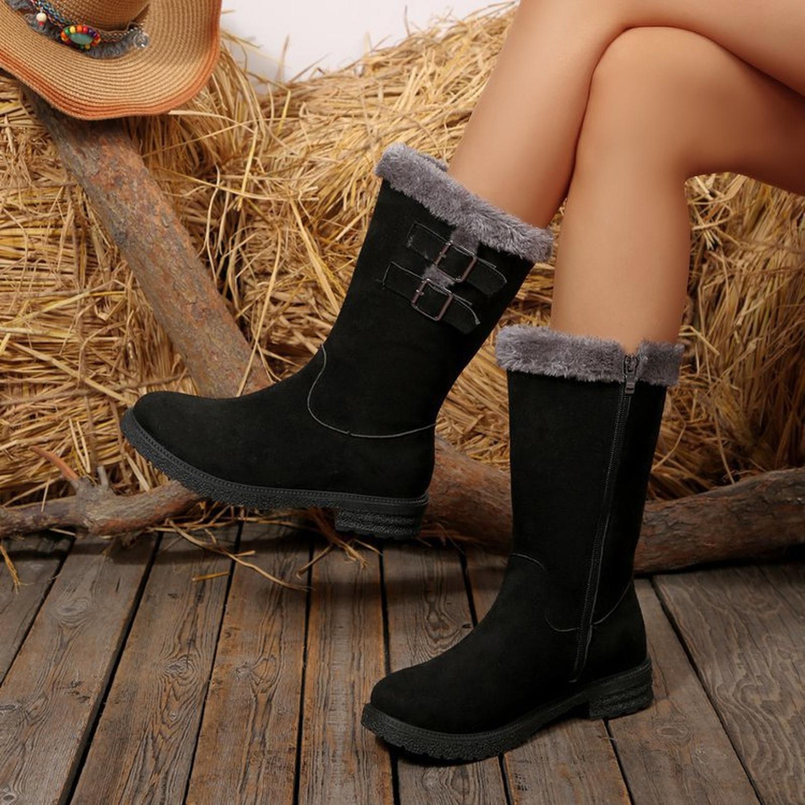 Women s Snow Boots Suede Mid Calf Boots with Side Zipper Faux Lined Water Resistant Winter Boots (Black,8) 41 чёрный