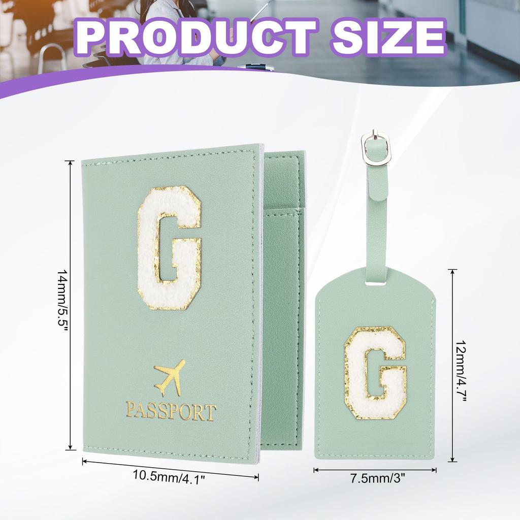 Travel Passport Luggage Tag Set with Initial Passport Cover and Alphabet Chenille Letter Travel Wallet Bag Suitcase Identifier for Women and Family