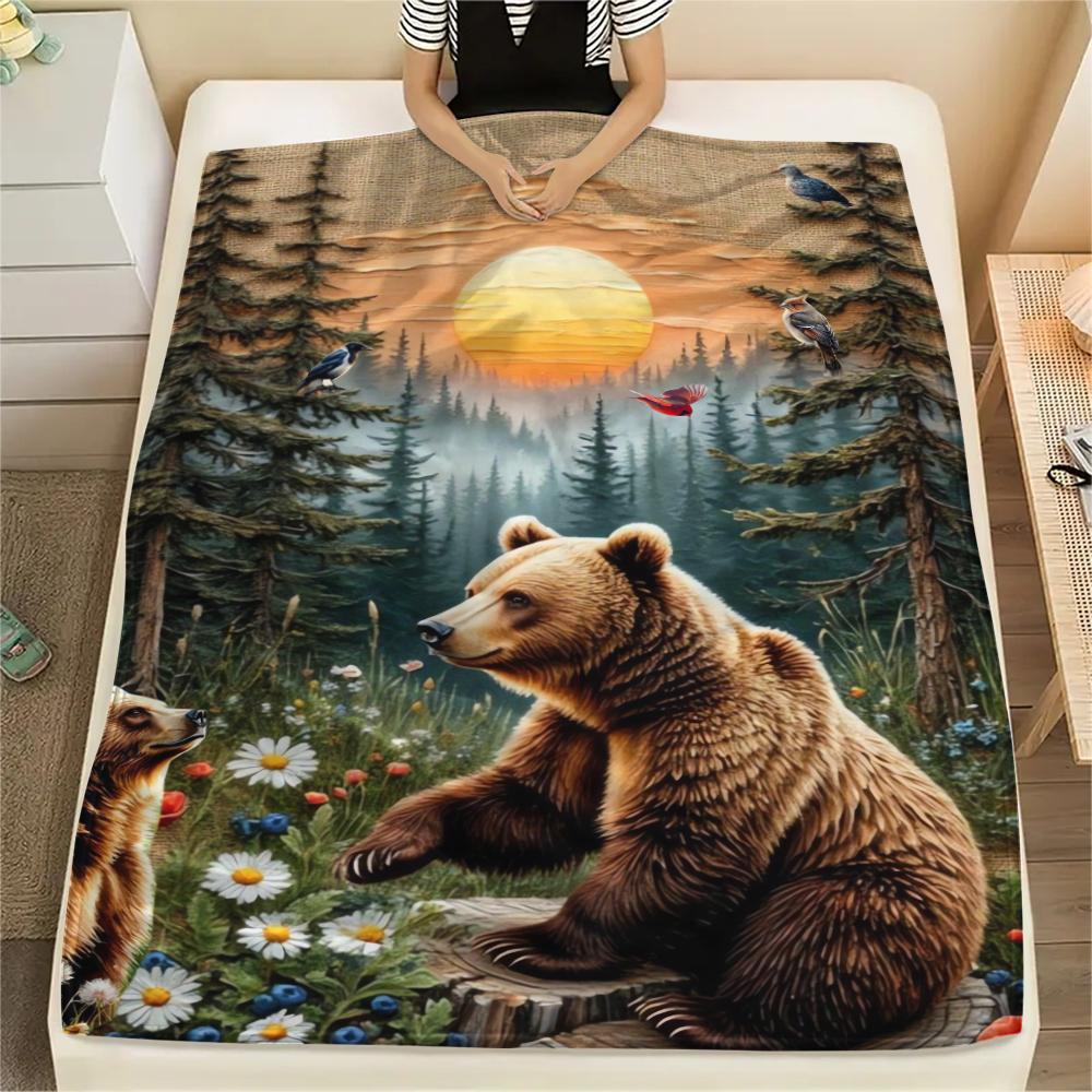 1Pc Brown Bear Print Flannel Blanket, High quality Comfortable for All Seasons, Home Decor, Warmth and Comfort, Perfect for Gifts