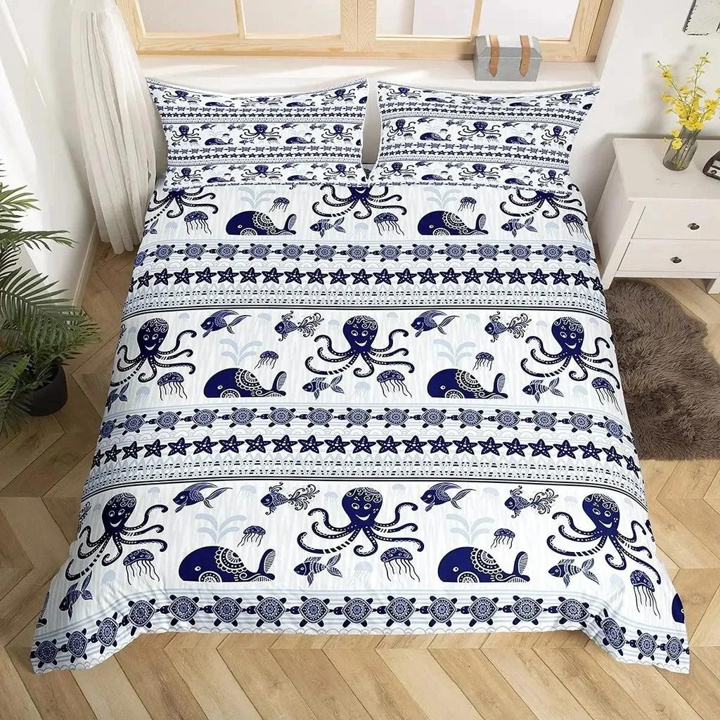 Teal Warm Comforter Cover Set King-Sized Dimensionsd Dimensions Ocean Decor,Jelyfish Soft Duvet Cover Nautical Sea Beding Set Marine Life Retro