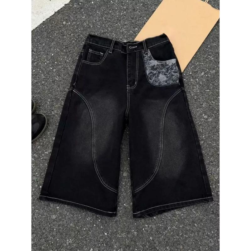 American Diagonal Denim Shorts Men s Summer Wear Washed Tooling Pants Slim and Thin Straight Pants Contrast Print Patch Pocket Black Faded Loose Hip S чёрный