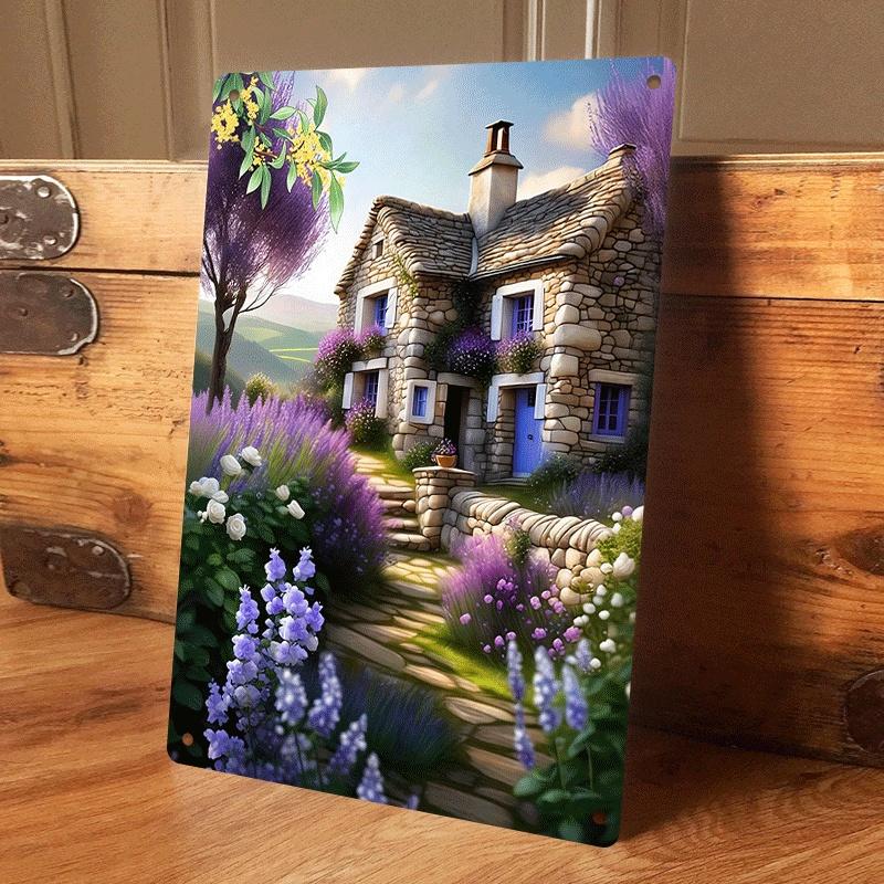 

1 piece of French country style lavender stone house tin painting, retro pastoral landscape home decoration plaque, living room (as the picture,20x30cm)