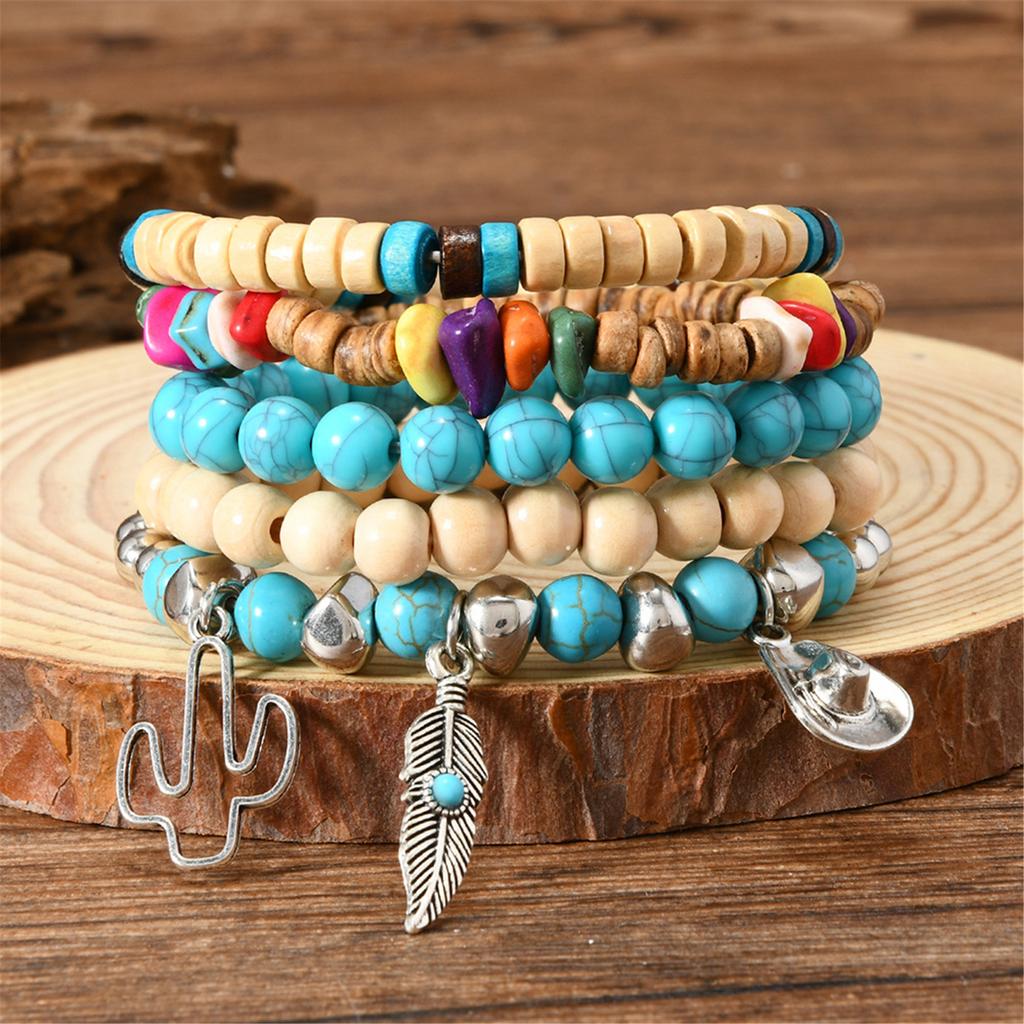 Lightweight Wooden Bead And Turquoise Handmade Bracelet For Casual Wear Bohemian Accessory for Women Girls