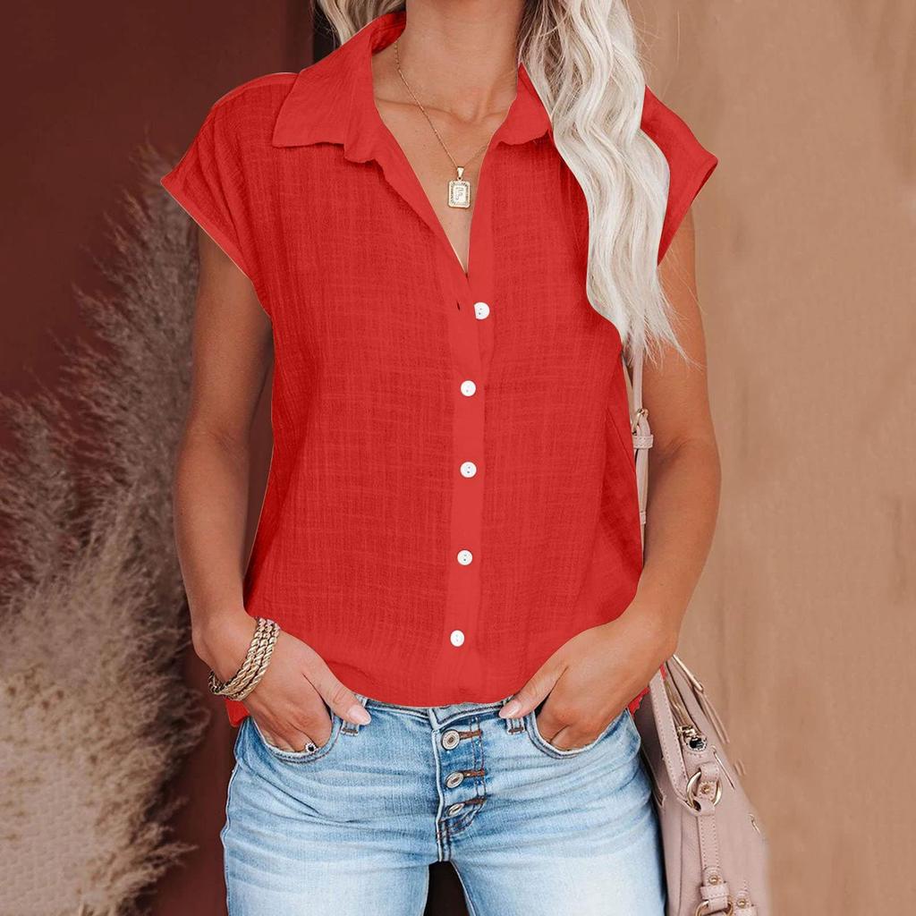 Summer Solid Color Single Breasted Shirt Women's Casual Lapel Short Sleeve Blouse Top