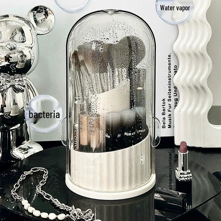 Rotating Transparent Makeup Brush & Lipstick Organizer with Dustproof Design