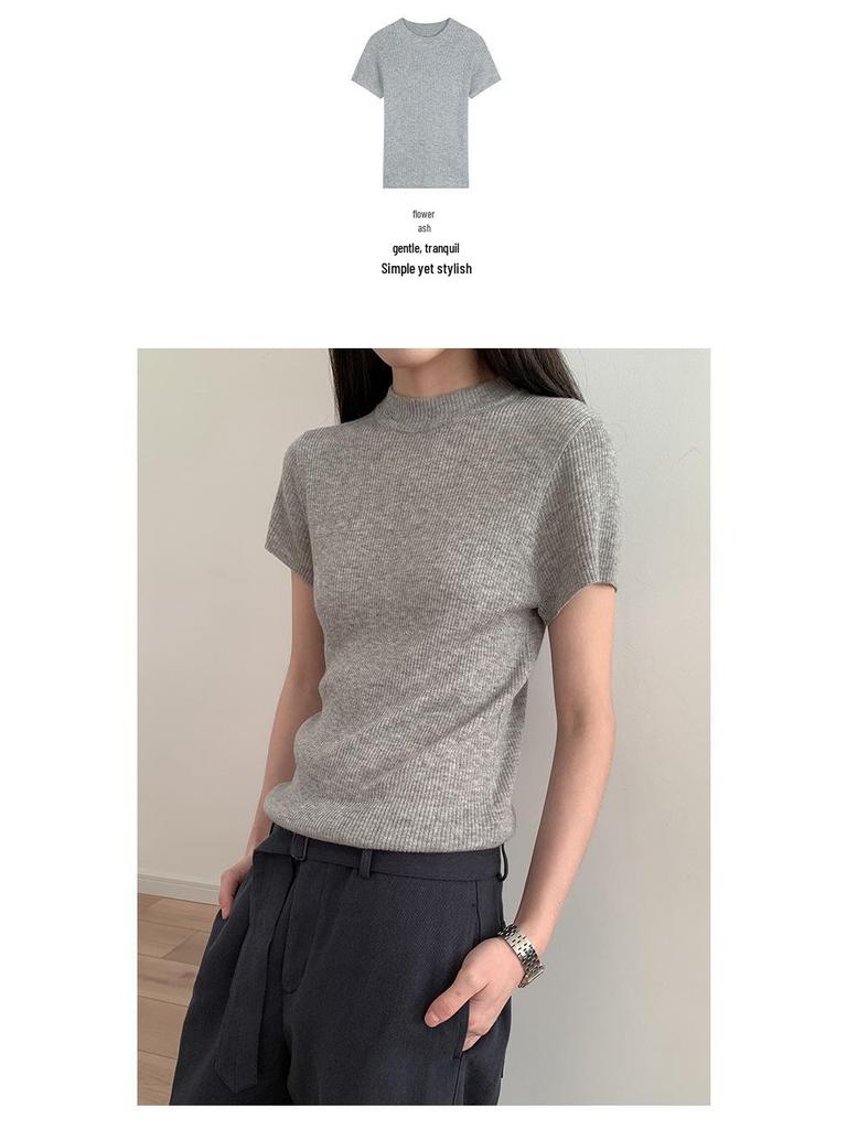 CLEAN SPACE Women's Wool Blend Knitted T-Shirt, Spring 2025 Collection, Short Sleeve, Thirteen Rows Design