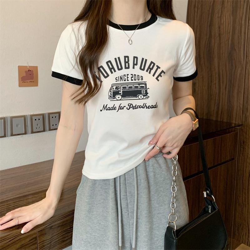 Sommer slank ung jente korte T-skjorter harajuku Enkelt bokstavtrykk Crop Tops Kvinner Uformelt kortermet T-skjorte Sports topp koreanske klær