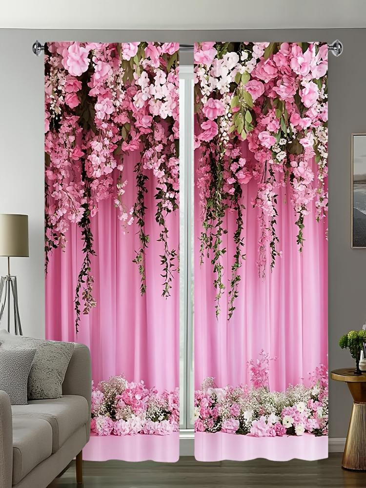 2pcs- Noble Pink Rose Polyester Curtains, Pole Bag Curtains 42*84, Bedroom, Living Room, Home Room Decoration