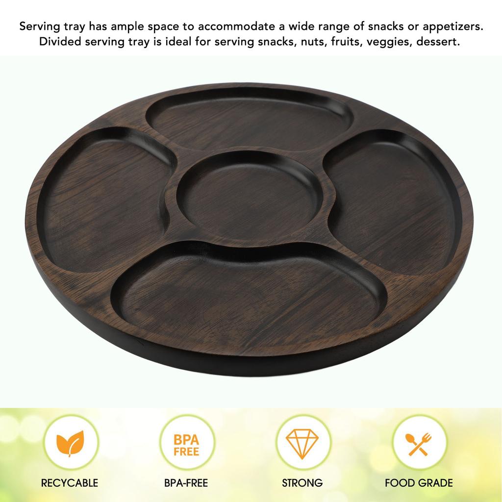 Chip Dip Tray 5 Compartments Round Wood Divided Serving Platter for Snack Fruit Candy Nut
