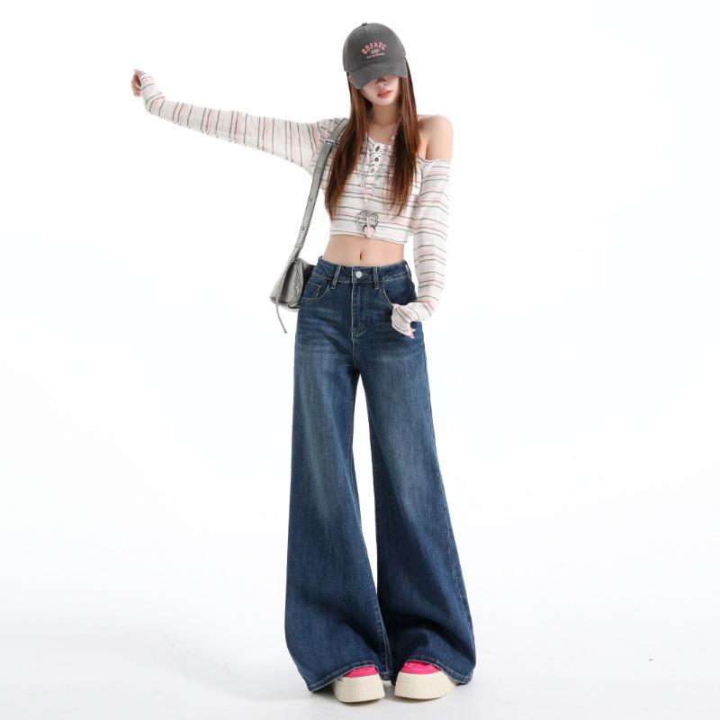 No legs slightly pulled jeans women's spring new high waist loose wide legs thin versatile horn pants