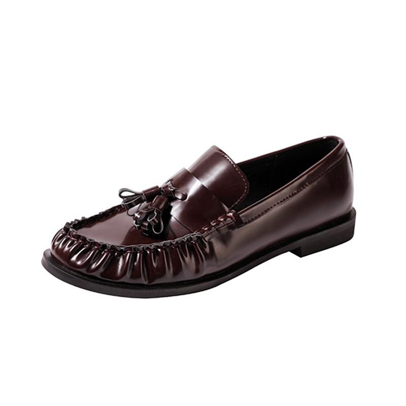 Fashion Black Patent Leather Chunky Heel Loafers Fashion Pleated Fringe Sewing Designer Shoes Comfortable Soft Leather Zapatos De Mujer