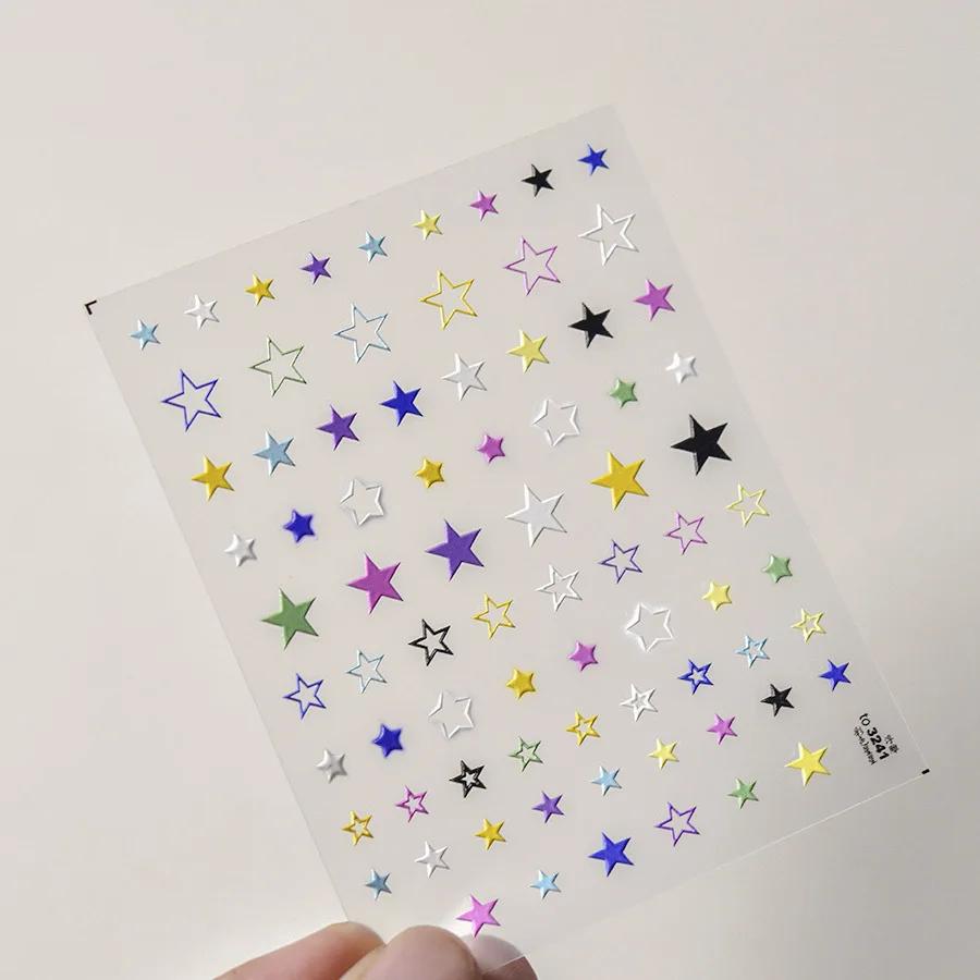 Colorful Five-pointed Star Gird Polka Dot Line Bowknot Cherry 5D Shiny Nail Art Stickers Self Adhesive Decoration Manicure Decal