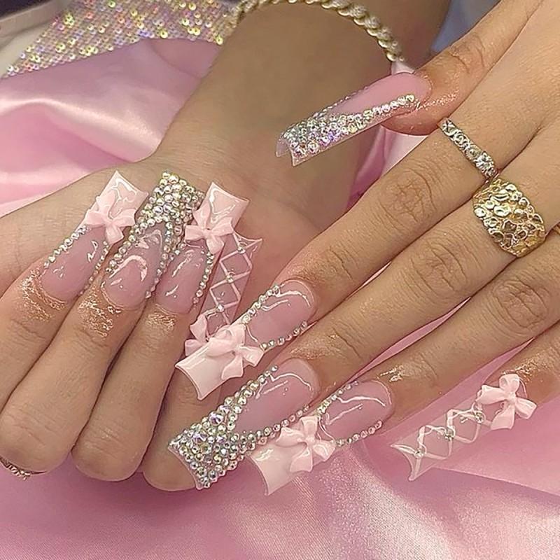 Sweet French Tip Press On Nails With Rhinestone Bow Decor Long Water Drop Shape Gel Adhesive Jelly Glue Options