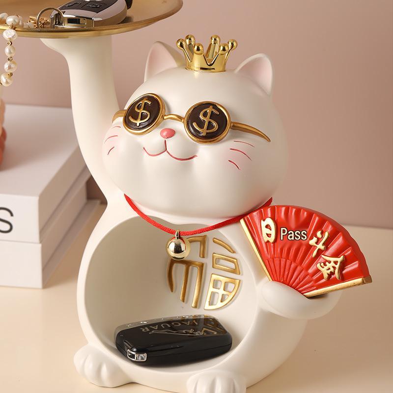 Japanese Style Resin Lucky Cat Storage Tray - Housewarming & Decorative Gift Ornament