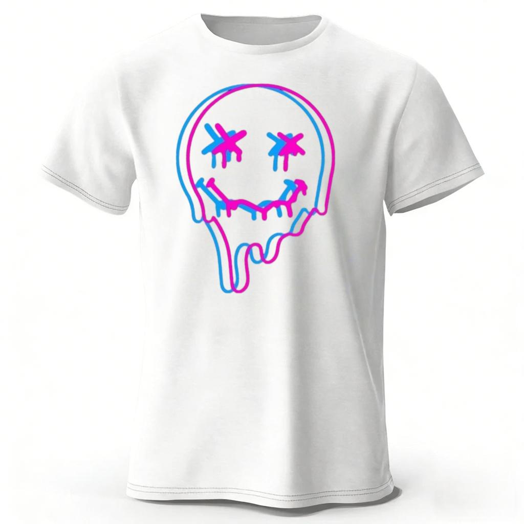 Neon Melting Smiley Face Highquality Pure Cotton Short Sleeved Men Loose Oversized Comfortable Sports Tshirt Street Casual Top