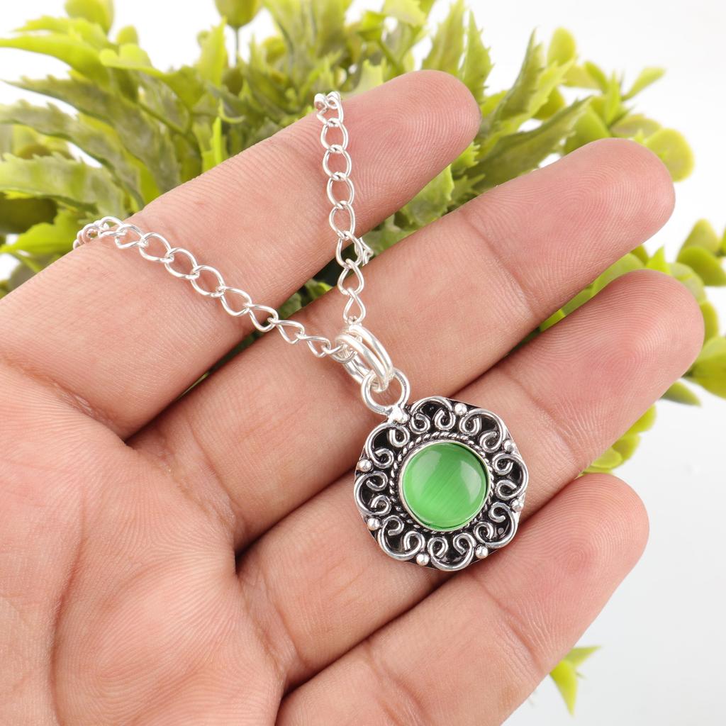 Green Cat's Eye Gemstone Jewelry, 925 Solid Sterling Silver Pendant, Handmade Meditation Pendant Gift for Creating