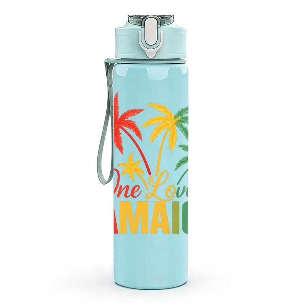 1PC One Love Jamaica Palm Tree 750ml Color Plastic Sports Water Bottle Leakproof Flip Straw Lid Suitable for Sports Office Home Use
