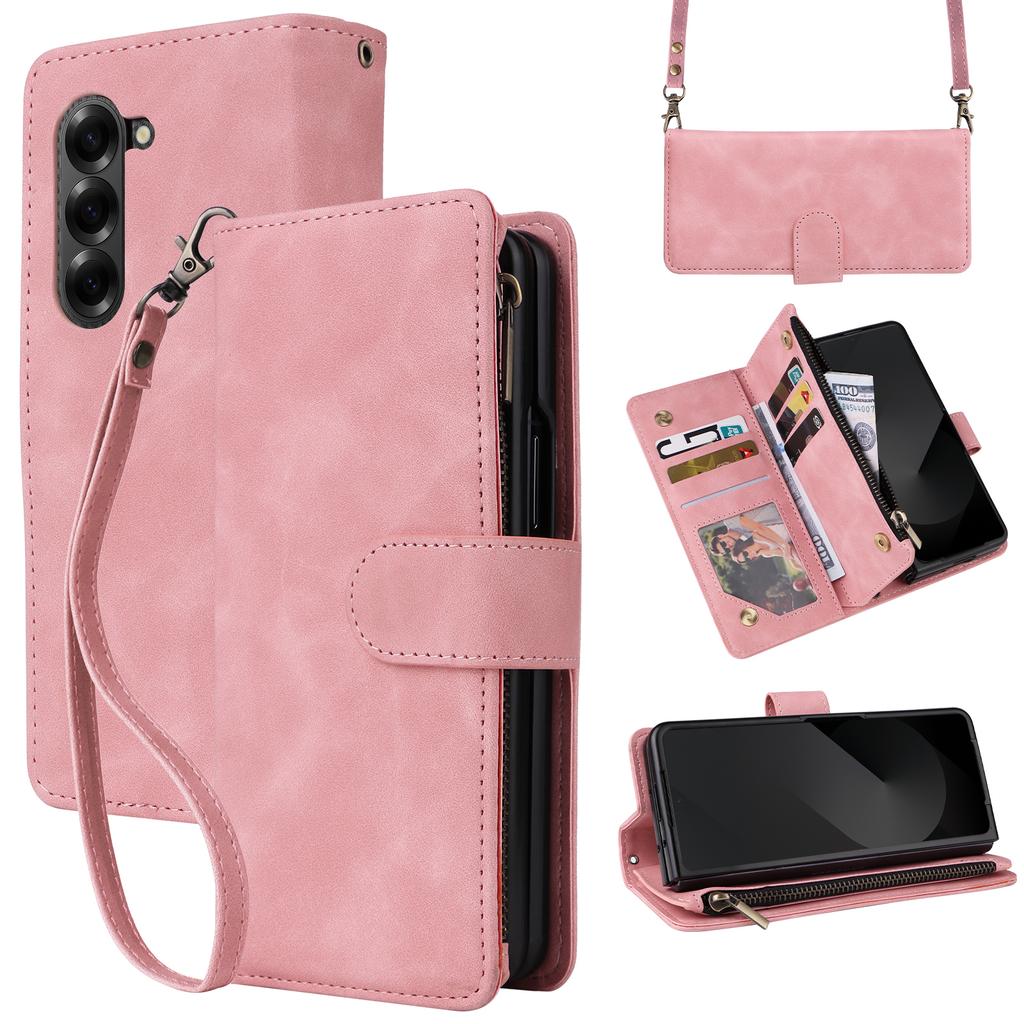 For Samsung Galaxy Z Fold6 5G Case Zipper Multi-Pocket Wallet Leather Phone Cover with Shoulder and Wrist Straps