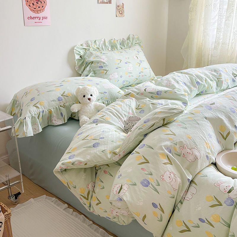 Ins Girl Bedding Set Heart Cherry Duvet Set With Double Layer Yann Pink Four PIECE Set Simple Washing Cotton Bed Sheet Bed Sheet