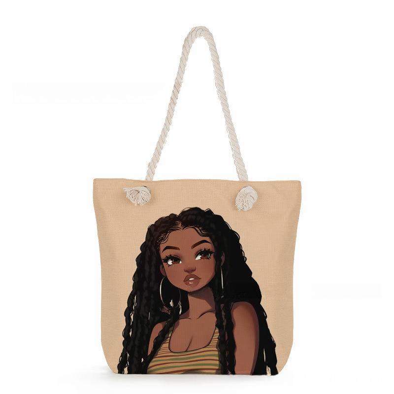 Black Girl Print Thick Rope Single-shoulder Beach Bag 7358