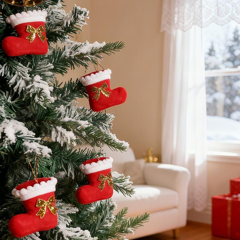 4-32pcs Creative Christmas Boot Hanging Pendant Gold Santa Claus Bow Stocking Party Xmas Tree Red Socks Drop Ornaments Supplies