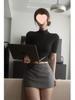 Women's American-Style Black Knitted Short-Sleeve Top: Spring/Summer Sexy, Slimming, Tight-Fit Half-High Collar