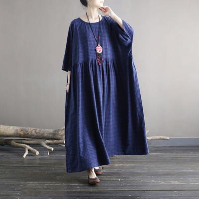 Frauen Plaid Vintage Kleider Fledermaus Ärmel Lose Frühling Roben Patchwork Chinesischen Stil Frauen Kleider
