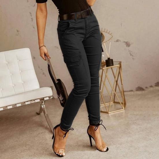 Damen Cargohose Unifarbe Mittelhoch Knopf Reißverschluss Verschluss Lässige Hose Mehrere Taschen Design Elastische Bündchen Lange Hose