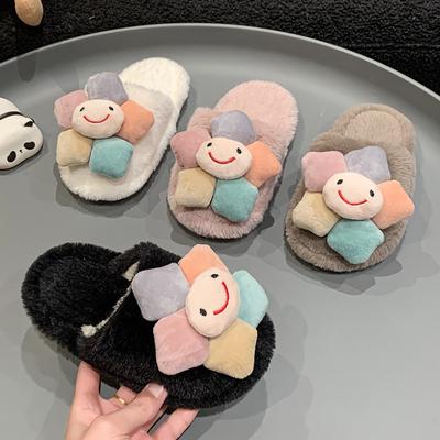 Niedliche Mädchen Winter Fell Hausschuhe Mode Blume Trend Kinder Baumwollschuhe Rutschfest Weich Flauschig Vielseitig Kinder Warme Hausschuhe