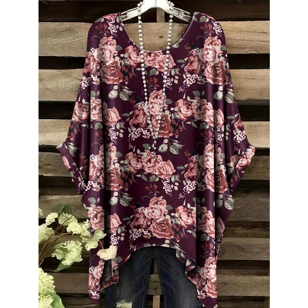 Haine de Vară Femei 2025 Albastru Marin și Alb cu Imprimeu Floral Elegant Versatil Design Decolteu Rotund Mânecă Scurtă Top Y2k pentru Femei