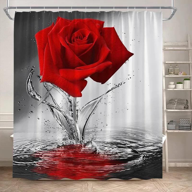 Rosa Ros Blommiga Duschdraperier Naturlig Grön Växt Blommor Alla Hjärtans Dag Badrumsdraperi Modernt Tyg Badrumsinredning med Krokar