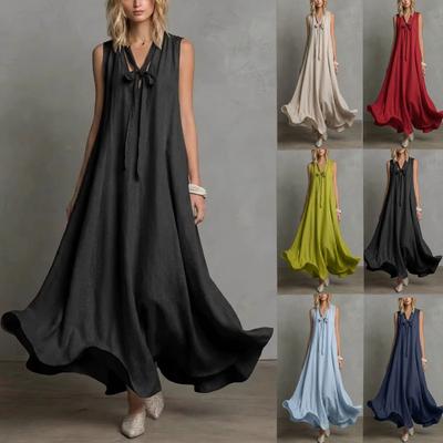 Women's Casual Elegant Linen Cotton Tie Waist Big Swing Long Maxi Dress for Women European American Crossbody Style